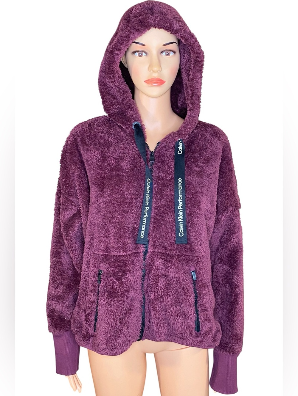 Calvin Klein Performance Plush Hoodie Deep Plum Sherpa Teddy Jacket Warm Cozy LG